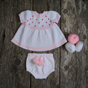 Hand-Knit Baby Dress & Bloomers Set — White with Pink Bobble Dots