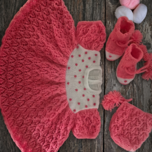 Hand-Knit Coral Baby Dress Set with Polka-Dot Yoke — Dress, Booties & Bonnet (3 Pieces)