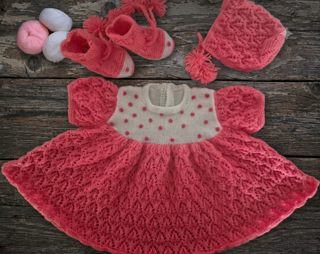Hand-Knit Coral Baby Dress Set with Polka-Dot Yoke — Dress, Booties & Bonnet (3 Pieces)