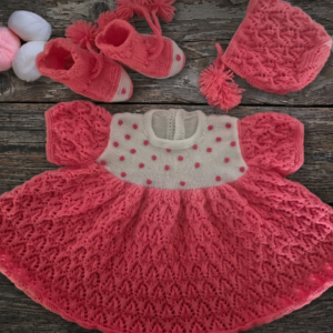 Hand-Knit Coral Baby Dress Set with Polka-Dot Yoke — Dress, Booties & Bonnet (3 Pieces)