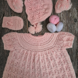 Hand-Knit Pink Baby Layette Set — Dress, Bonnet, Booties & Mittens (6 Pieces)