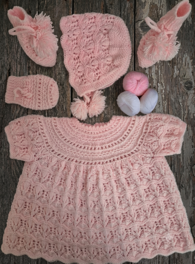 Hand-Knit Pink Baby Layette Set — Dress, Bonnet, Booties & Mittens (6 Pieces)