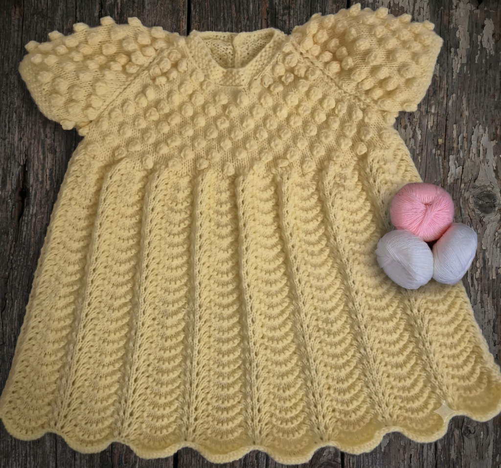 Hand-Knit Lemon-Yellow Baby Dress — Bobble Yoke & Lace Skirt