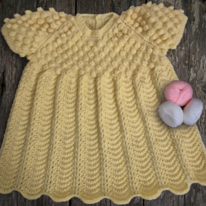 Hand-Knit Lemon-Yellow Baby Dress — Bobble Yoke & Lace Skirt